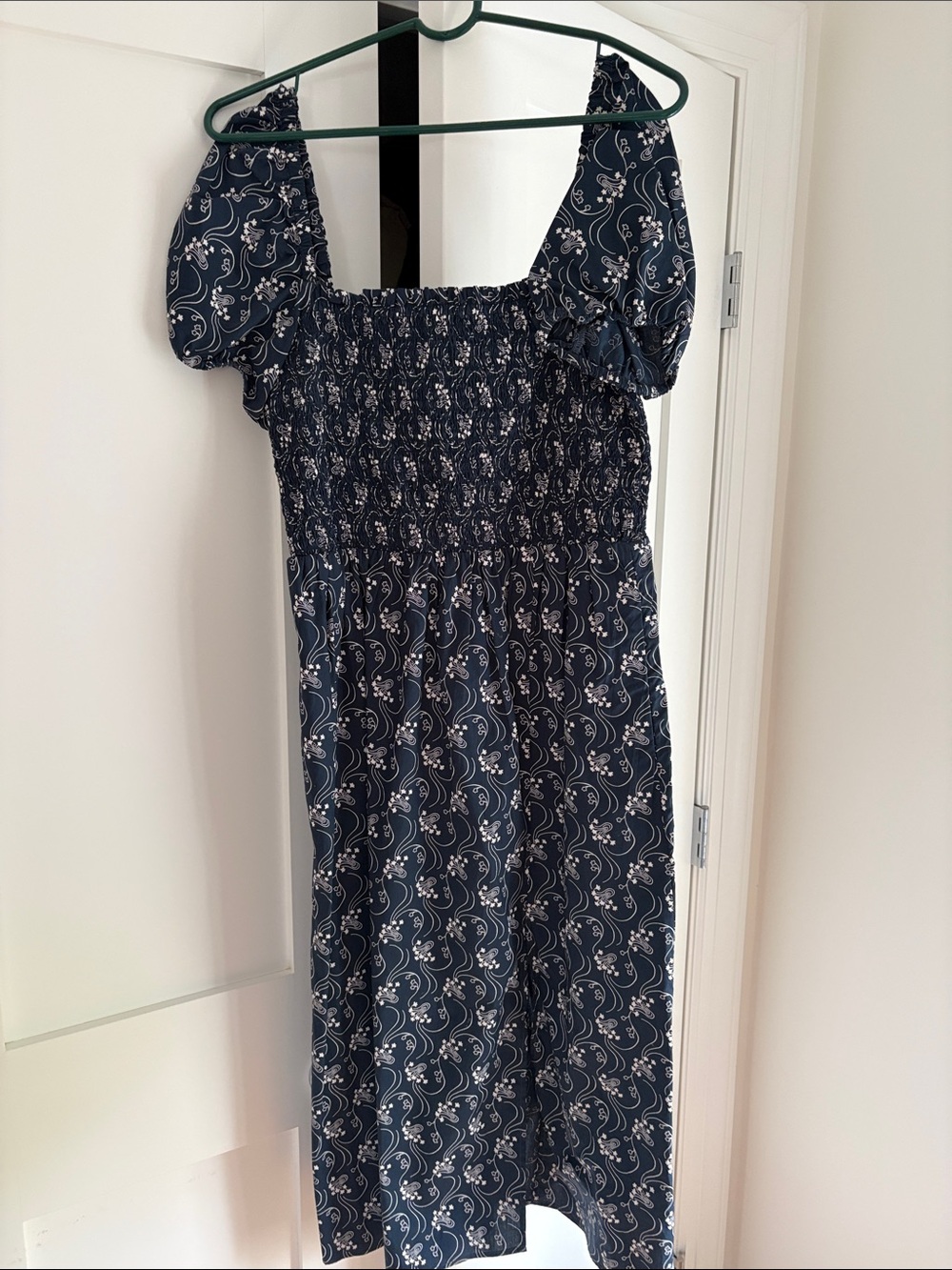 Navy Floral Puff-Sleeve Midi Dress